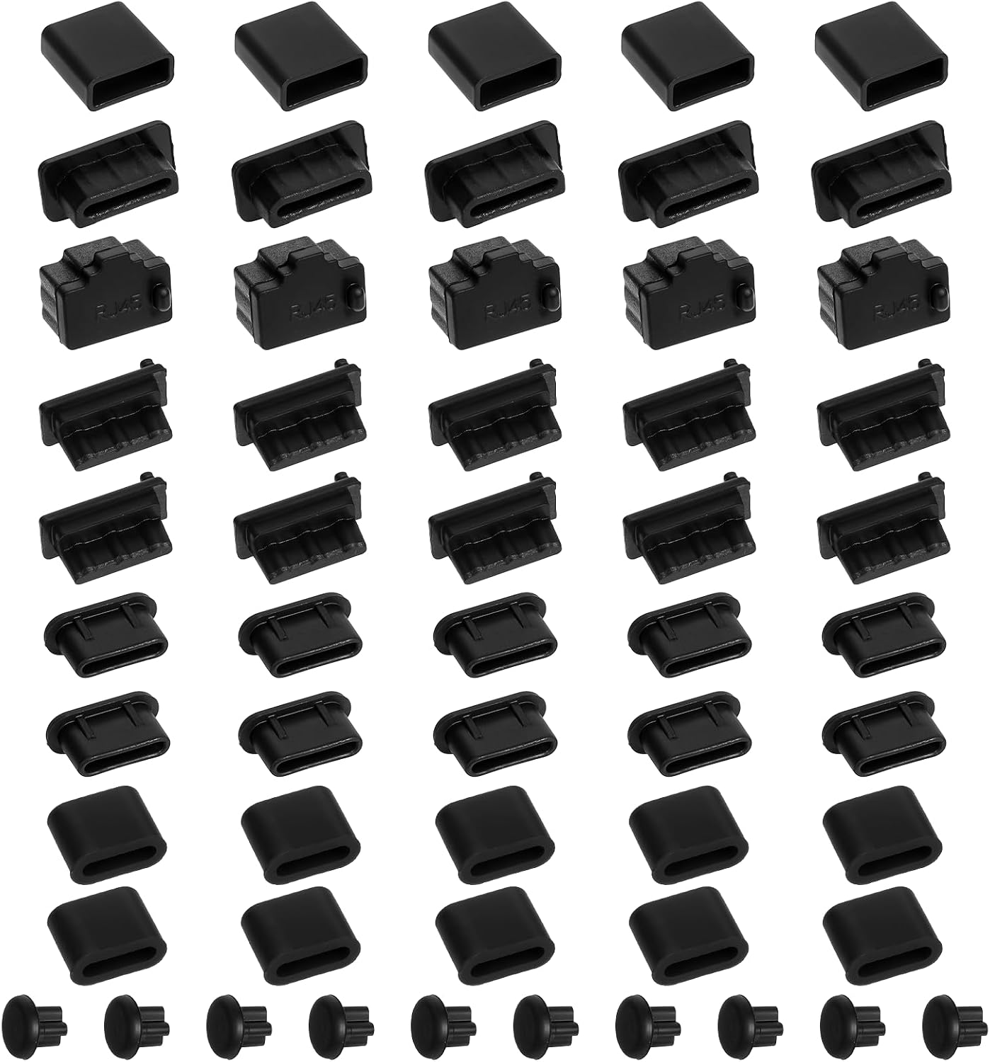 55Pcs USB Port Caps Silicone USB Port Cover Protector Dust Plug Type-C Dust Stopper Anti Dust Cover Plugs Cap for USB A, Micro USB, 3.5mm Headphone, Type C Female and Male Ports (7 Types)