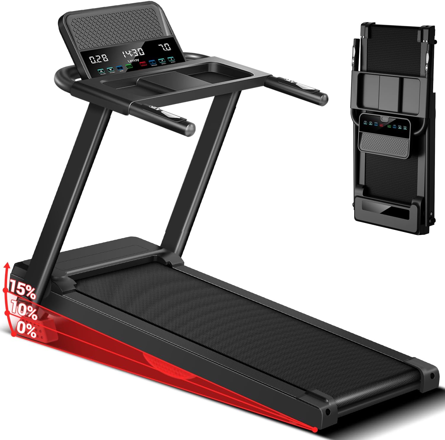 UMAY Treadmills for Home 14 km/h, Treadmill with 15% Incline 3.0HP Quiet Brushless, Dual Cushion System, Holder for Cup & Phone, 12 Training Programmes, Max Load 136 kg