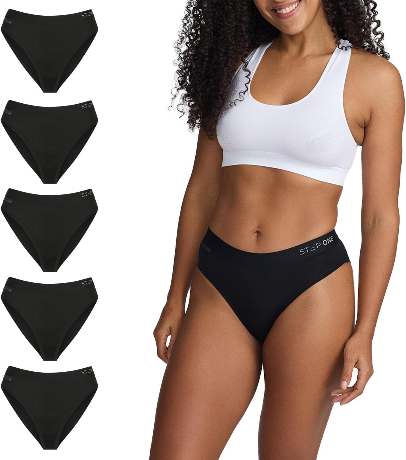STEP ONE Bikini Brief Womens Underwear Multipack, 5 Pairs, Underwear for Sensitive Skin, Moisture-Wicking Womens Bikini Briefs