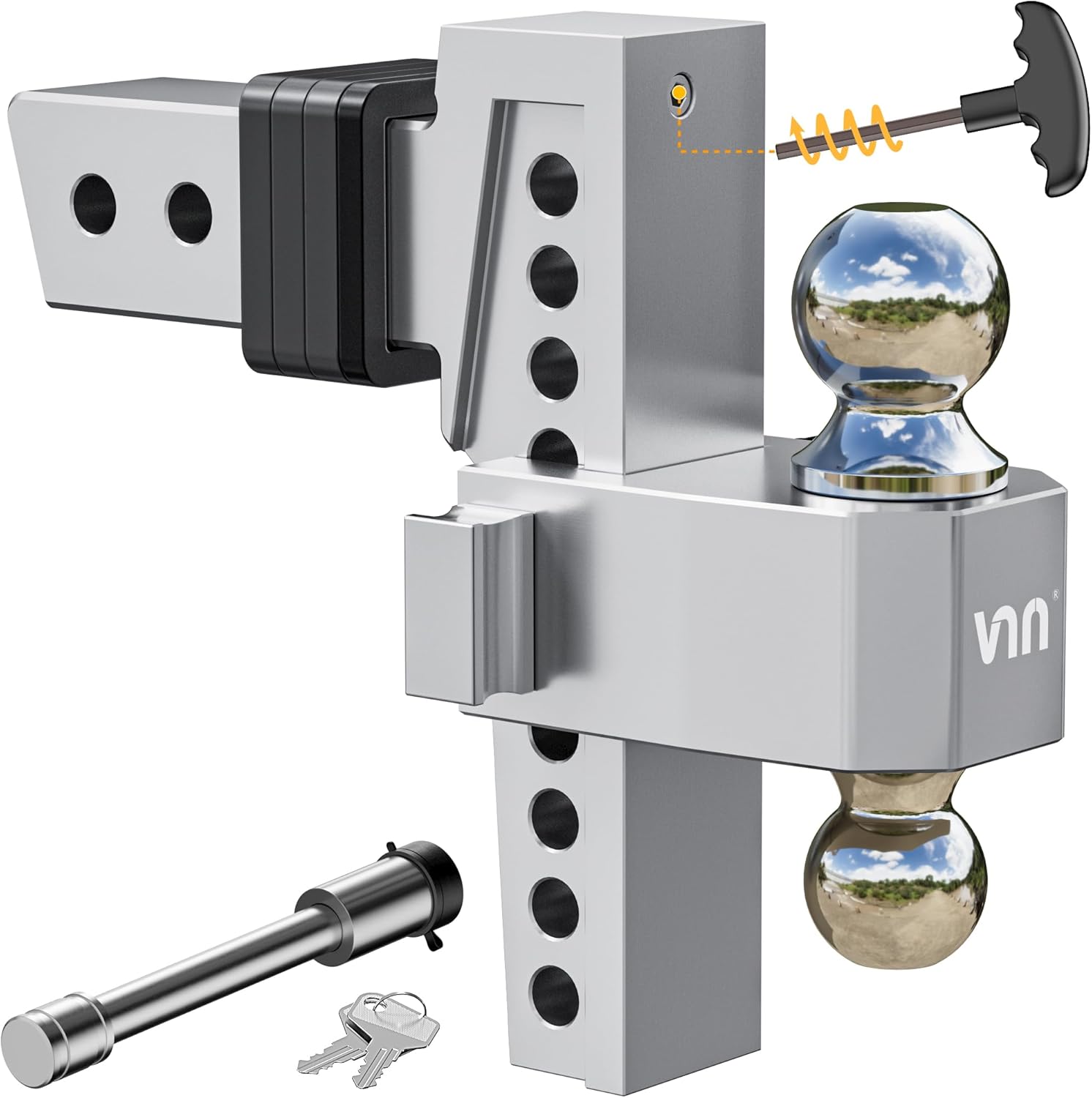 VNN Adjustable Drop Hitch – Dual-Ball (2'' & 2-5/16'') Trailer Hitch for 2.5-Inch Receiver, 8-Inch Drop, 18,500 lbs GTW, Heavy-Duty Ball Mount for Trucks – Silver (VN0010)