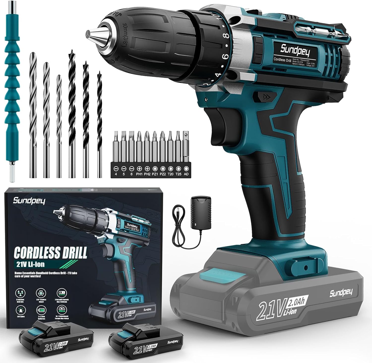 Sundpey Cordless Drill Set 21V - Power Drill Driver - Electric Screwdriver with 2 Batteries 2.0Ah & LED Light & Spirit Level & 18+1 Torque (Max 45N.m) & 2 Speed for Home DIY Project Blue