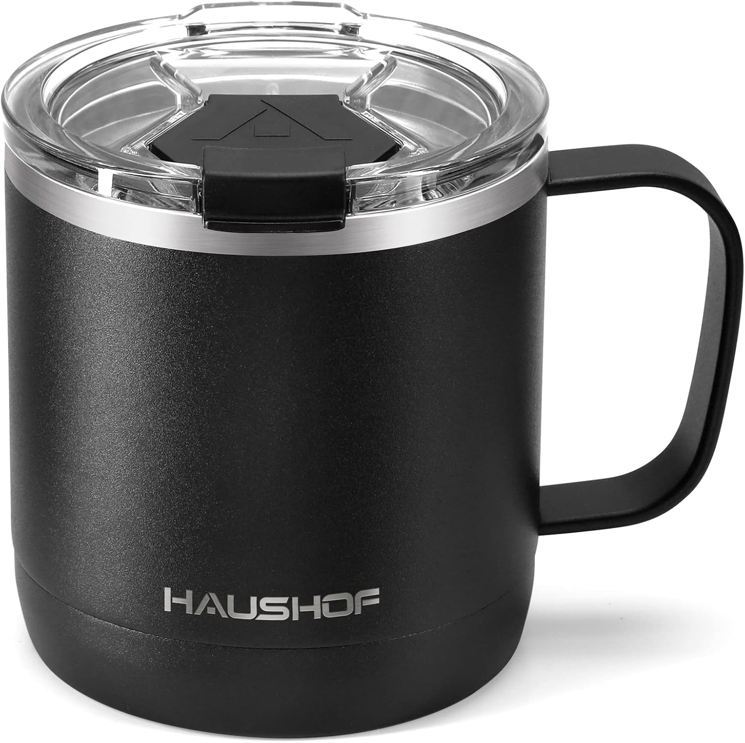 HAUSHOF 14 oz Coffee Mug, Insulated Coffee Mug with Handle, Travel Camping Cup, Portable Stainless Steel Coffee Cup, Insulated Coffee Cups with Lid, Black