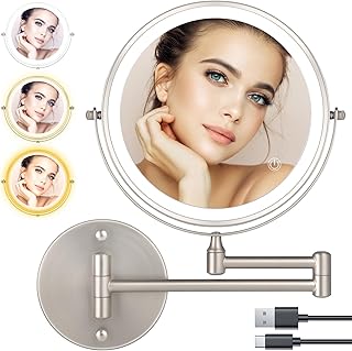 8" Wall Mounted Makeup Mirror,1X/10X Magnification Double-Sided 360° Swivel Vanity Mirror 3 Color Lights Touch Screen Dimming Extendable Shaving Bathroom Wall Cosmetic Mirror for Men and Women-Nickel