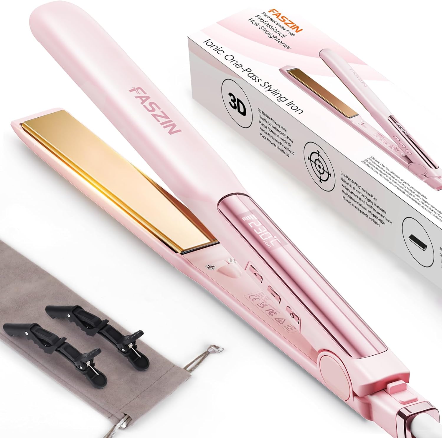 Faszin Hair Straighteners, Ionic Titanium Plate for Smooth Shiny Results, 20S Fast Heat Up Flat Iron, Clear LCD Display (Pink)