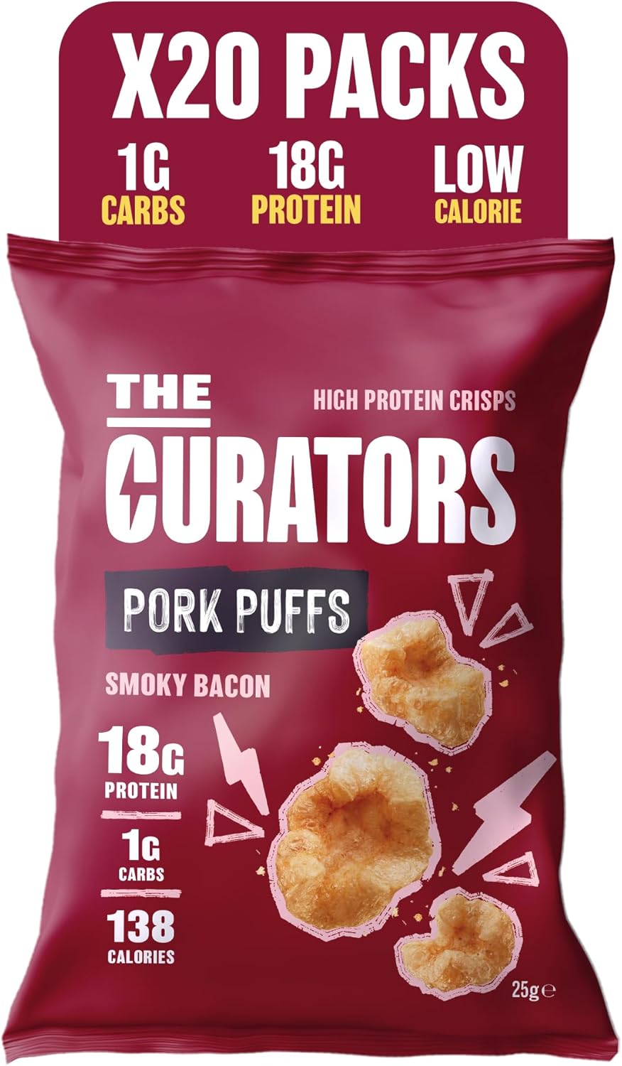 THE CURATORS High Protein Pork Puffs, Smoky Bacon, 25g (20 Packs) 18g Protein Low Carb Keto Gluten Free Savoury Snack