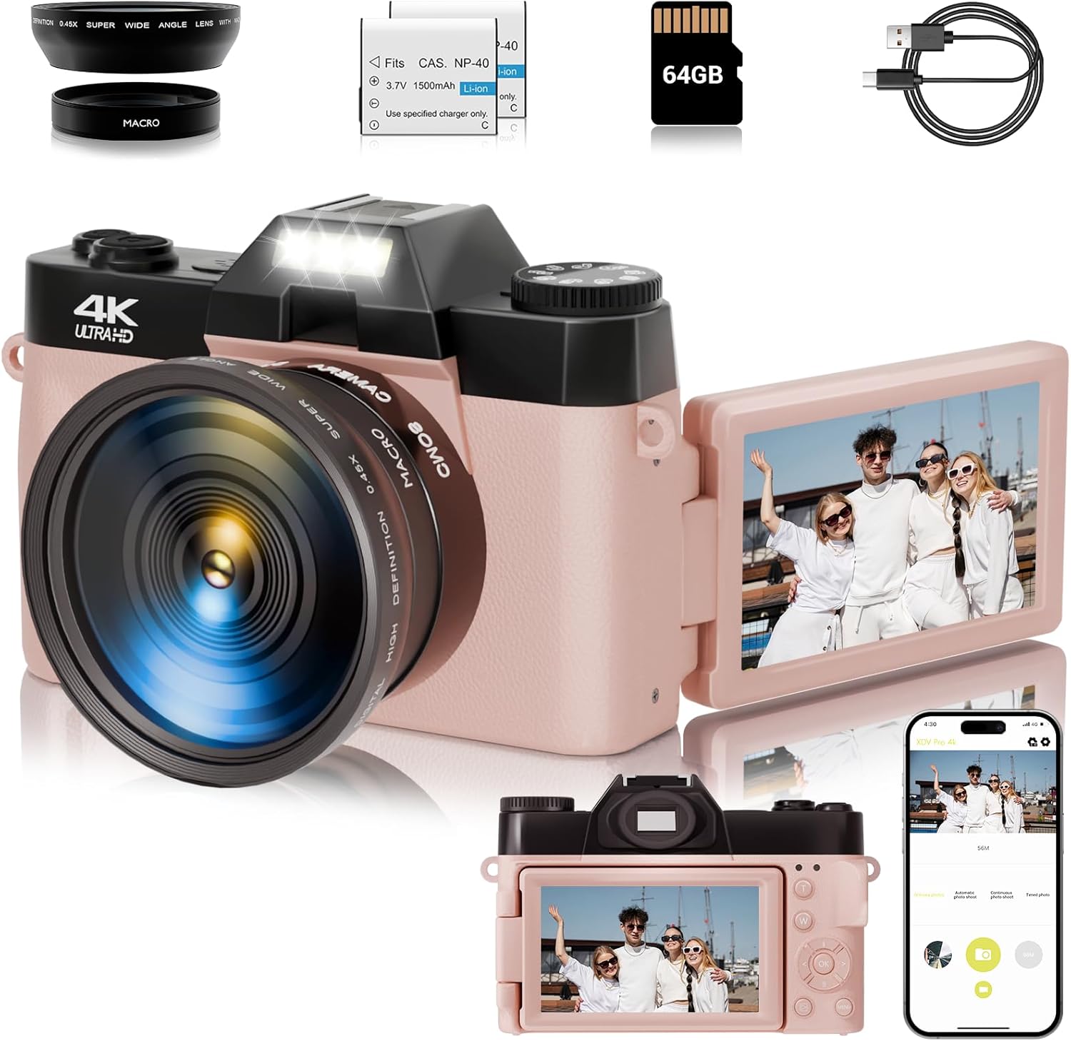4K Digital Camera for Photography, 56MP Vlogging Video WiFi Camera for YouTube with 3'' 180°Flip Screen, 64GB SD Card, 16x Digital Zoom, 2 Batteries, Point Shoot Compact Travel Vintage Cameras(Pink)