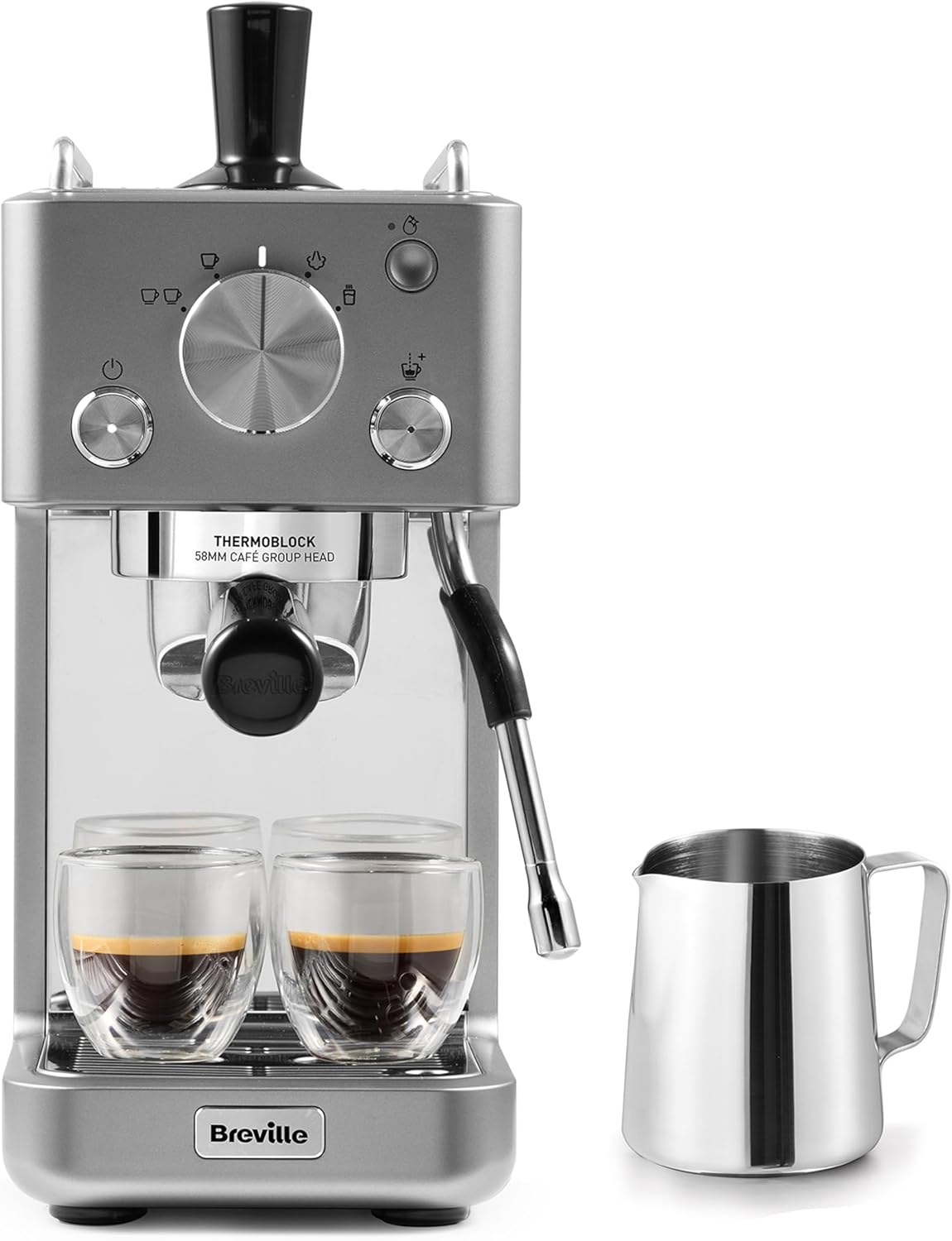 BREVILLE Barista Slimline Espresso Machine | Integrated Milk Frother | Compact Coffee Maker for Cappuccinos, Lattes & More | 15 Bar Pump | Silver [VCF185]