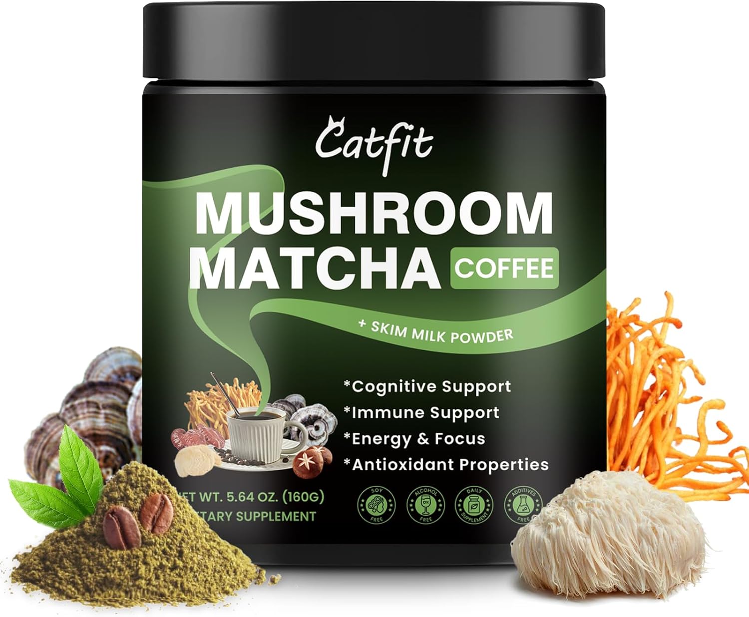 Mushroom Coffee&Matcha Powder with 4 Superfood Mushrooms, Instant Coffee, Skim Milk - Great Tasting Mushroom Matcha for Focus & Energy, Non-Vegetarian - 5.64 OZ