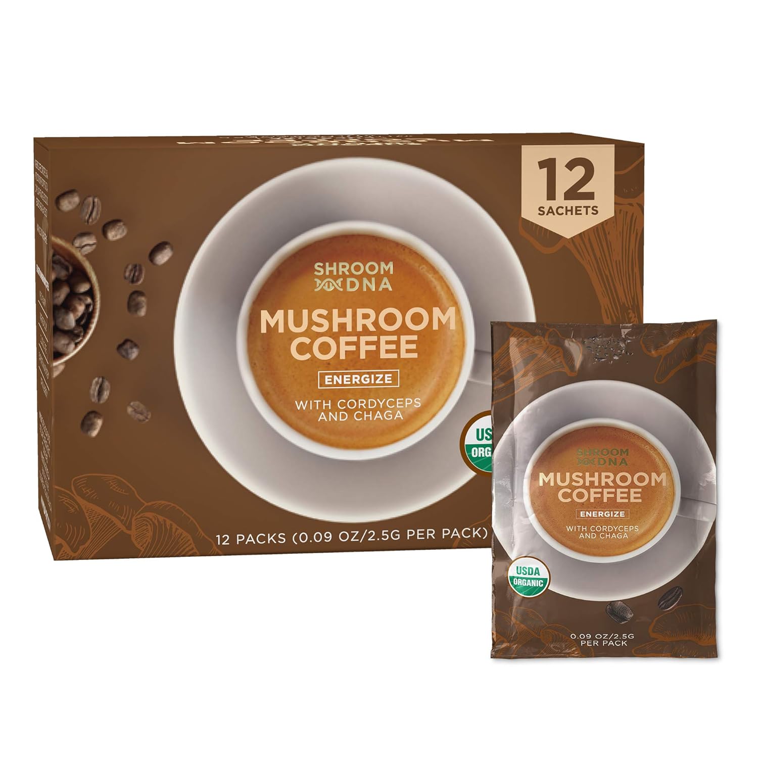 ShroomDNA Organic Mushroom Coffee with Lions Mane and Chaga Mushrooms, Instant Coffee. Instant Focus + Clarity All Day. Vegan, Gluten Free,No Added Sugar | USDA Certified Organic (12 Count Pack)