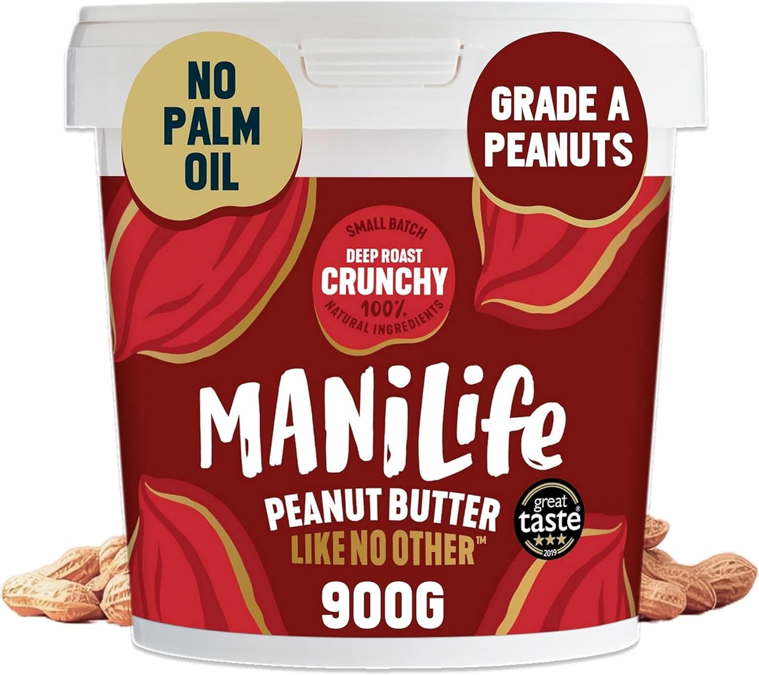 ManiLife Deep Roast Crunchy Peanut Butter, 900g Tub - Rich and Intense Vegan Peanut Butter Made from Single Origin Grade-A Argentine Peanuts - No Palm Oil, No Added Sugar, No GMOs