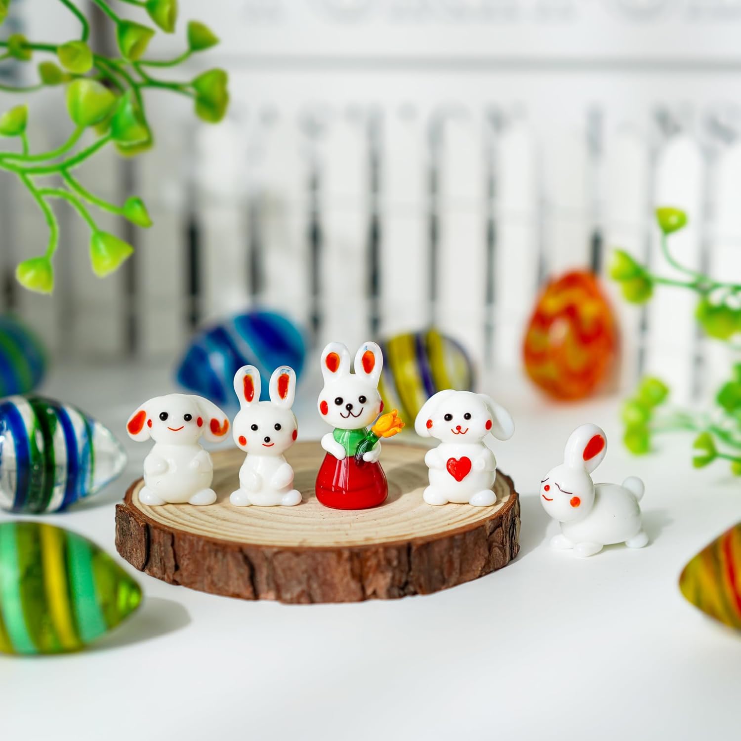 H&D HYALINE & DORA 5pcs Mini Glass Rabbit Figurine Blown Glass Bunny Figurine Ornaments Crystal Glass Art Animal Collectibles for Spring Easter Decoration