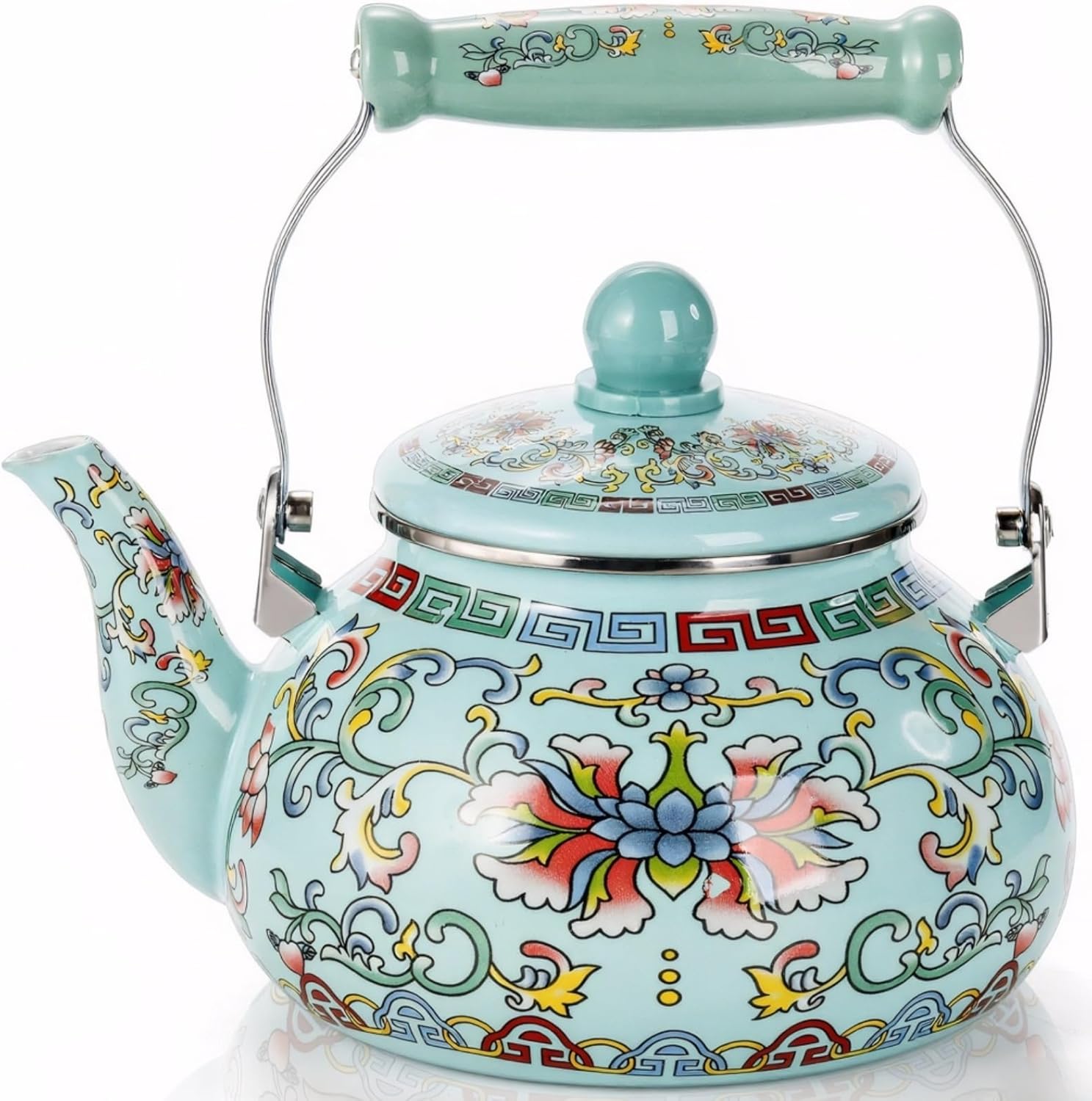 Pumtus 2.6 Quart Floral Enamel Tea Kettle, Vintage Enameled Teapot Stovetop, Enamel on Steel Water Coffee Tea Pot with Ceramic Handle, Colorful Hot Water Kettle for Home Kitchen Decor, No Whistling