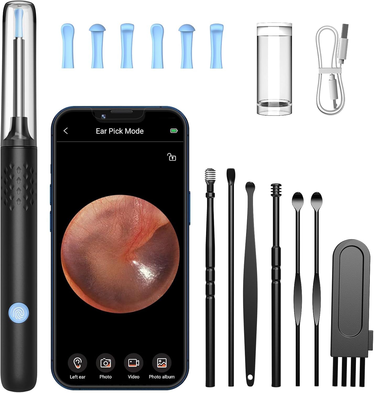 LMECHN Ear Wax Removal, Ear Cleaner with Camera, Ear Wax Removal Kit with 1080P, Ear Camera Otoscope with LED Light, Ear Cleaning Kit for iPhone, iPad, Android Phones-Black