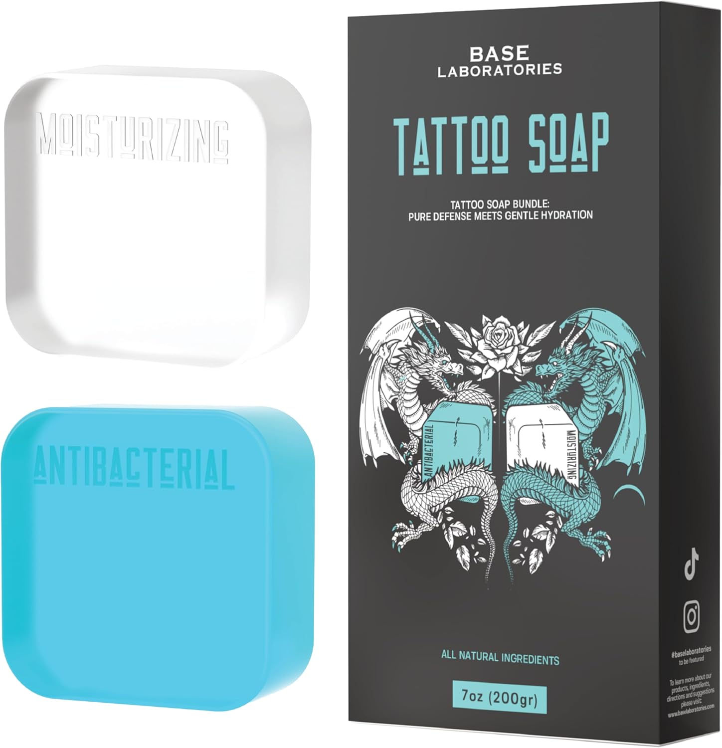 Base Laboratories Tattoo Soap Bars - Antibacterial & Moisturizing Tattoo Care Kit, Gentle & Unscented - Tattoo Soap Antibacterial Bars - Heal, Clean & Moisturize - All Skin Types, 100g Bars x 2