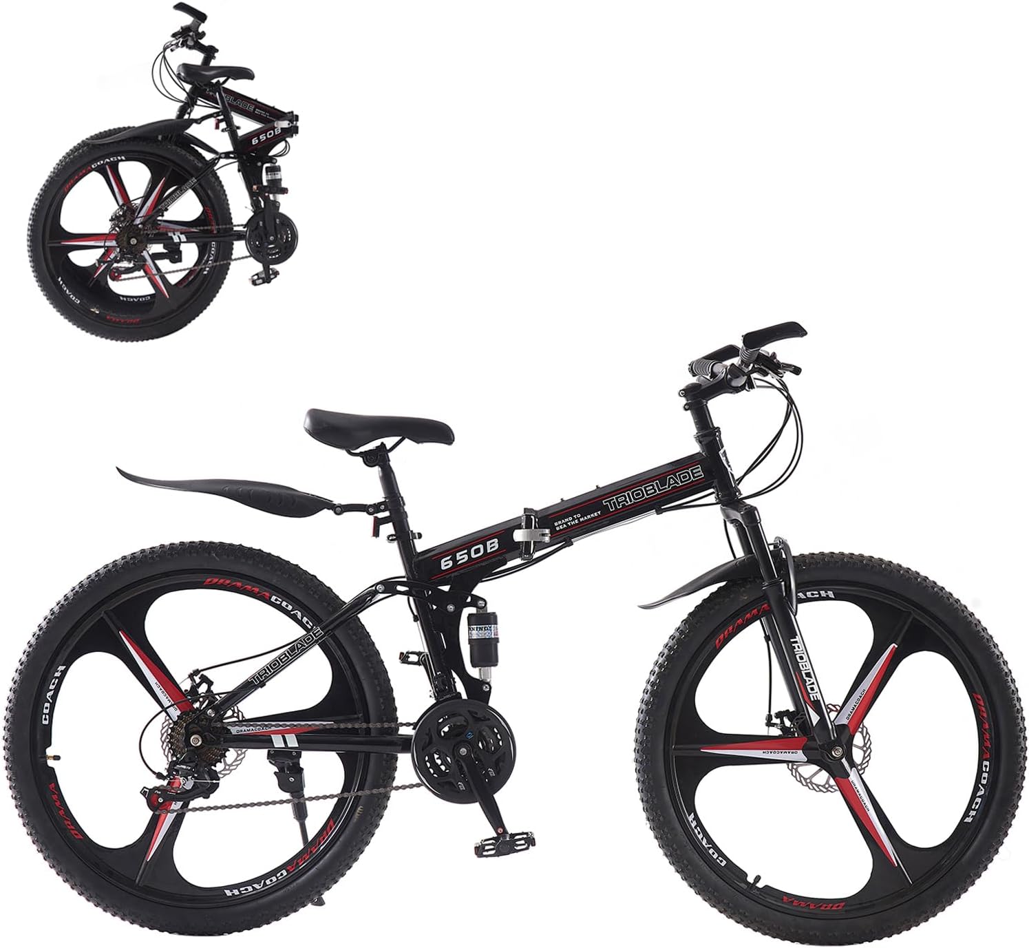 TRIOBLADE 26 Inch Folding Mountain Bike 21-Speed Foldable Mountain Bicycle with Dual Disc Brakes 3 Spoke Wheels Mountain Bikes,Dual Suspension Design for Adult Men Women (26" - Black & Red)