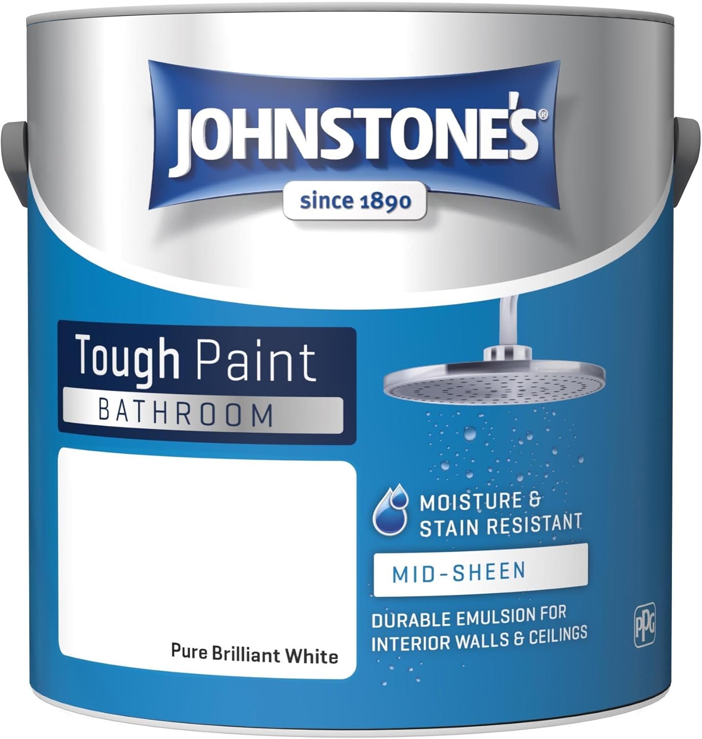 Johnstone's - Bathroom Paint - Brilliant White - Mid Sheen Finish - Stain Blocker Paint - Use in Moist & Damp Areas - Low Odour - Dry in 1-2 Hours - 12m2 Coverage per Litre - 2.5L