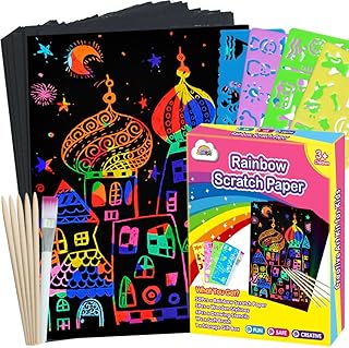 ZMLM Scratch Paper Art Set, 60 Pcs Rainbow Magic Scratch Paper for Kids Black Scratch Off Art Crafts Kits Notes with 5 Wooden Stylus for Girls Boys Toy Halloween Party Game Christmas Birthday Gift