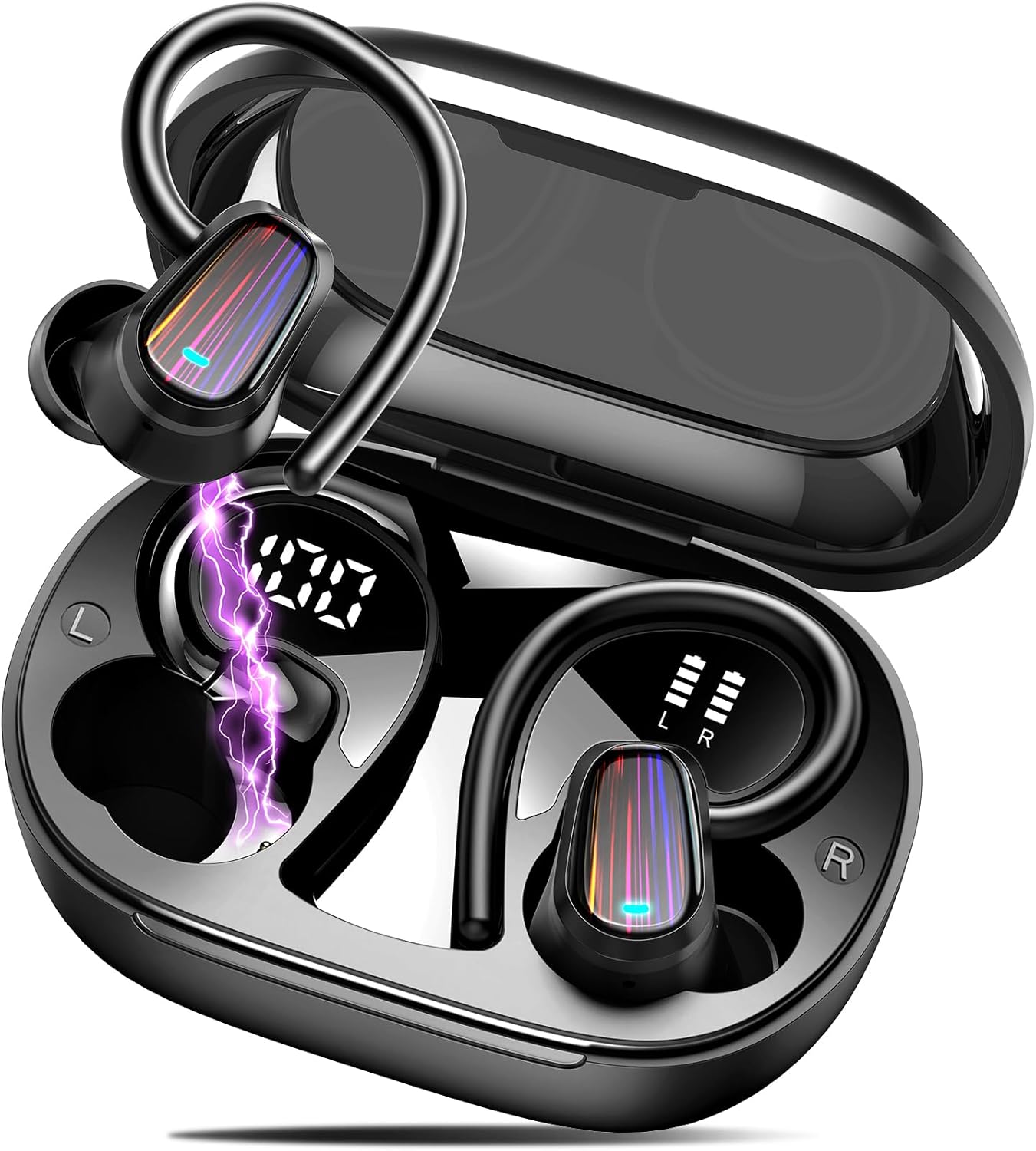 OYIB Wireless Earbuds Sport, Mini Bluetooth 5.4 Headphones with 4 ENC Mic, 50H Playtime Wireless Headphones with Earhooks, LED Display, IP7 Waterproof Earphones for Running/Gym, Deep Black