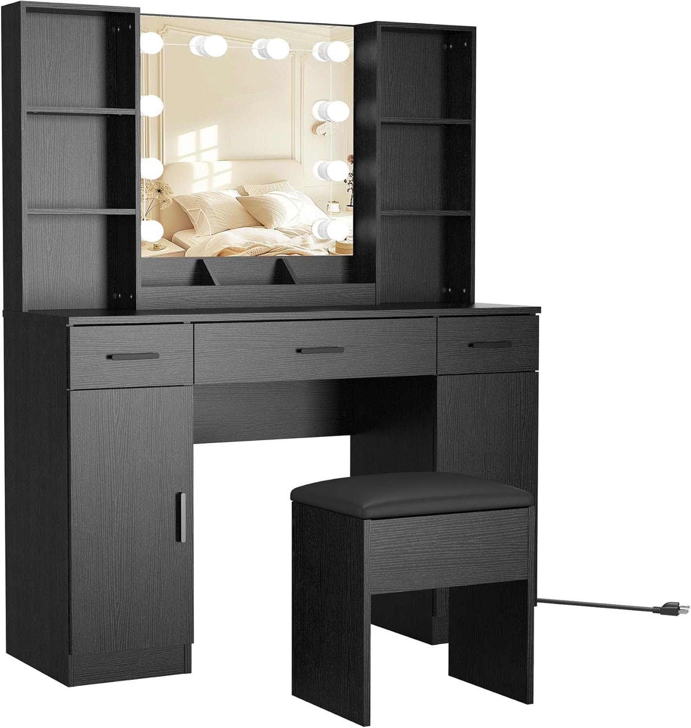 Large Dressing Table & Stool Set, Modern Makeup Vanity Desk with 3-Color LED Lights Mirror Makeup Table with 3 Big Drawers, 2 Cabinet, 6 Shelves, Power Outlet (Black)