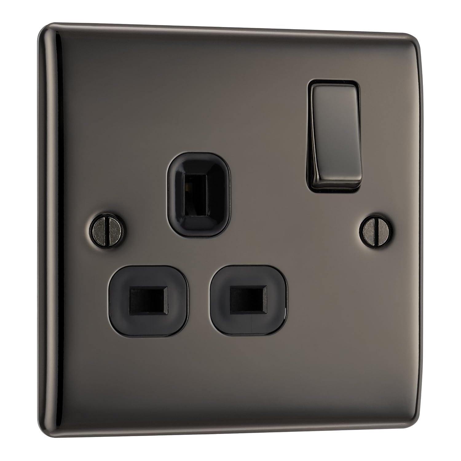 BG Electrical Single Switched Power Plug Wall Socket, Raised and Slim Profile, Round Edges, Nexus Metal, Black Nickel, 13A, NBN21B