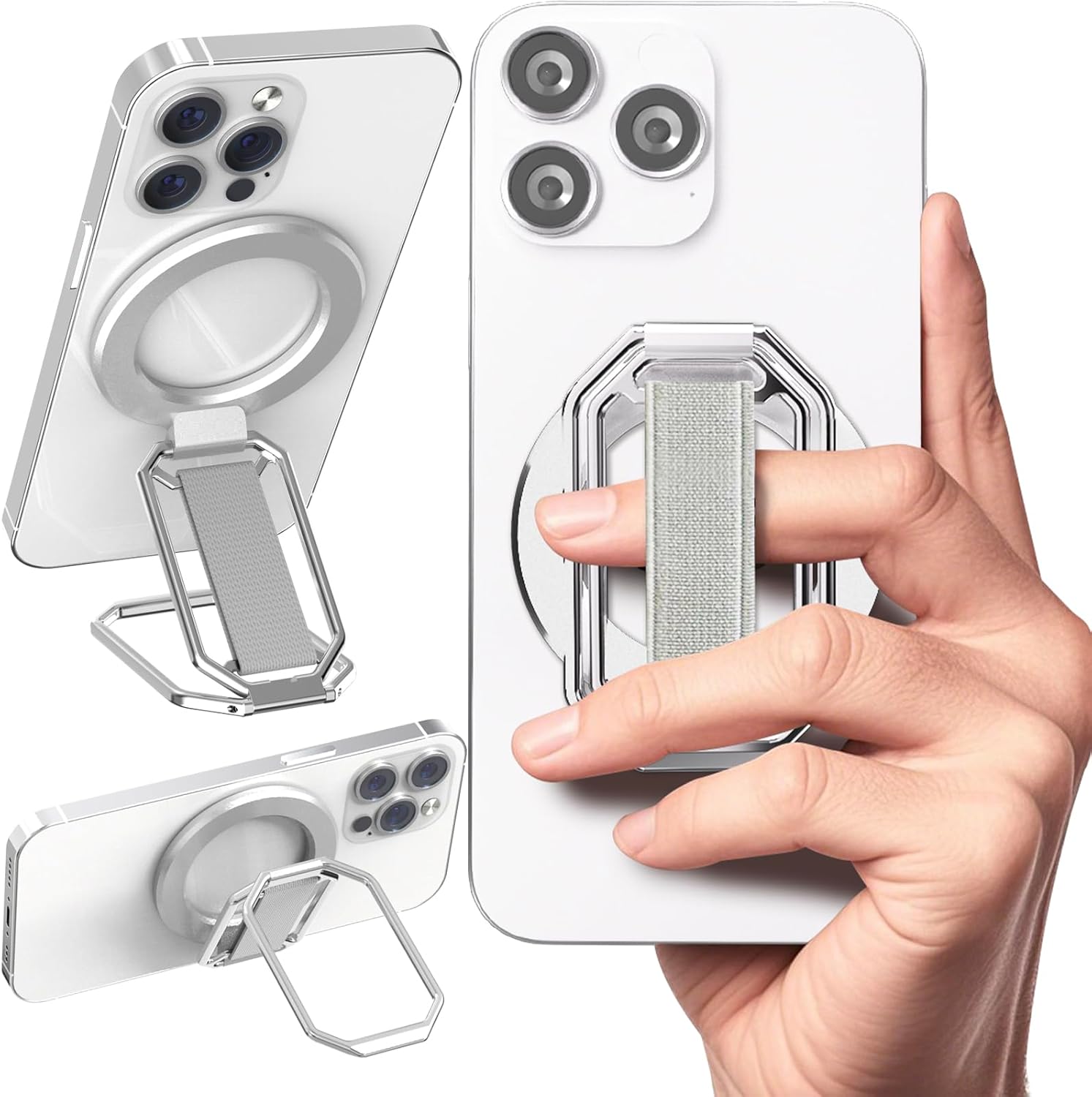4-in-1 Magnetic Phone Grip Holder for MagSafe with Finger Strap Loop, Removable Phone Ring Holder for iPhone 16 Pro Max 15 14 13 12, Kickstand for Hands-Free Viewing at Home Work Plane - Silver