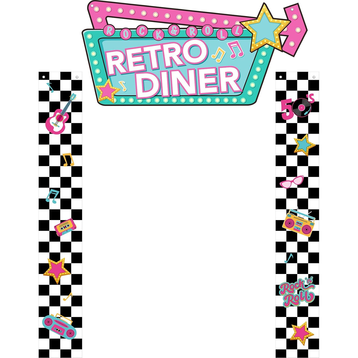 Peryiter 3 Pcs 50's Retro Diner Banner Back to 50's Rock and Roll Party Banner Birthday Backdrop Diner Classic Party Decoration 1950s Soda Shop with Double-sided Tape(Rock Party)