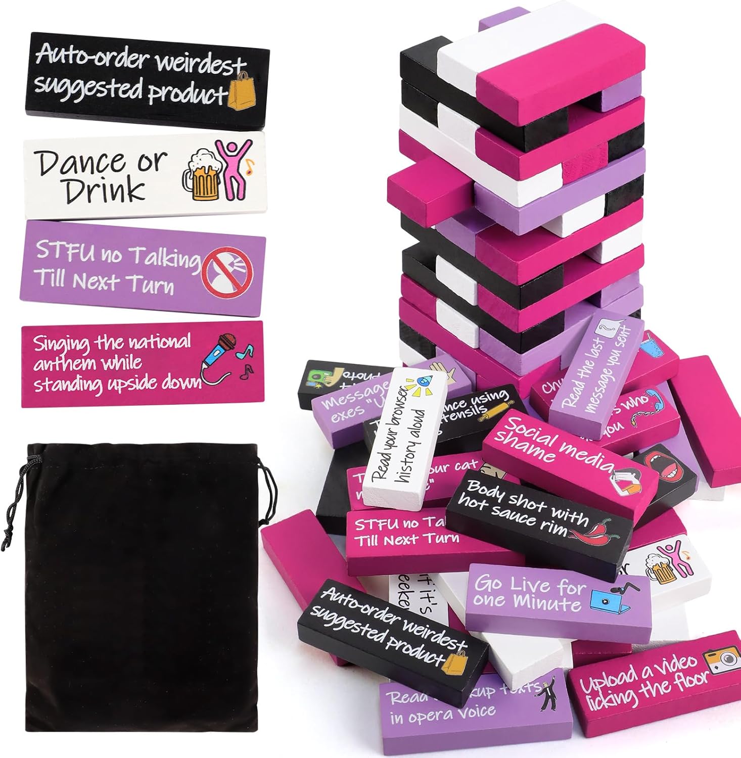 Drinking Games for Adults, 54-Piece Wood Block Set with 10 DIY Blanks & 44 Social Challenges for Team Building & Party, 4-Color Design with Storage Bag for Parties, Gifts, Game Nights