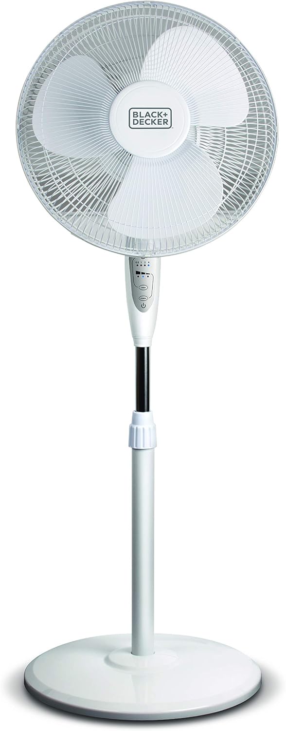 BLACK+DECKER 16" Stand Fan with Pedestal Base, Height Adjustable Pedestal Fan with Remote and Touch Control Panel, Free Standing Fan with 90-Degree Oscillating and 3-Speed Settings, White