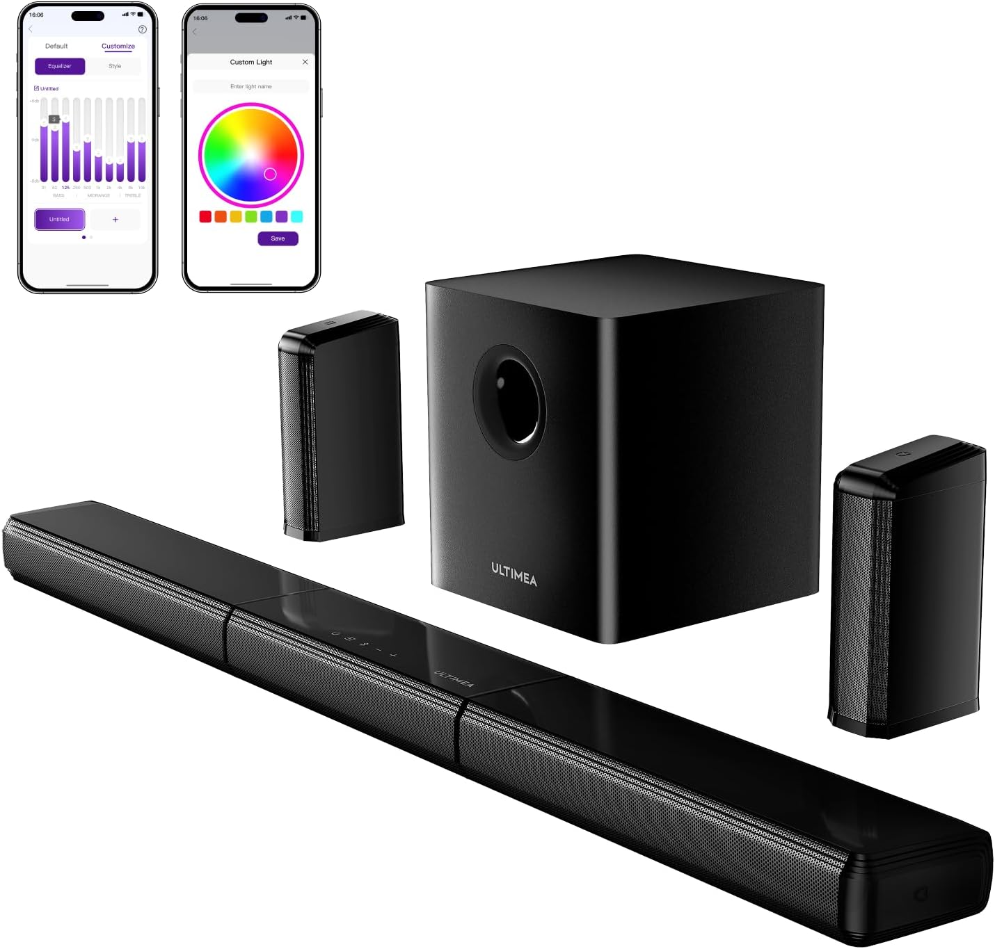 ULTIMEA 7.1ch Virtual Surround Sound Bar, Sound Bar for Smart TV with 2 Surround Speakers, Surround Sound System for TV with RGB, 6.5" Subwoofer, Peak Power 410W, App, HDMI/OPT/AUX/BT Apollo S70 Ultra