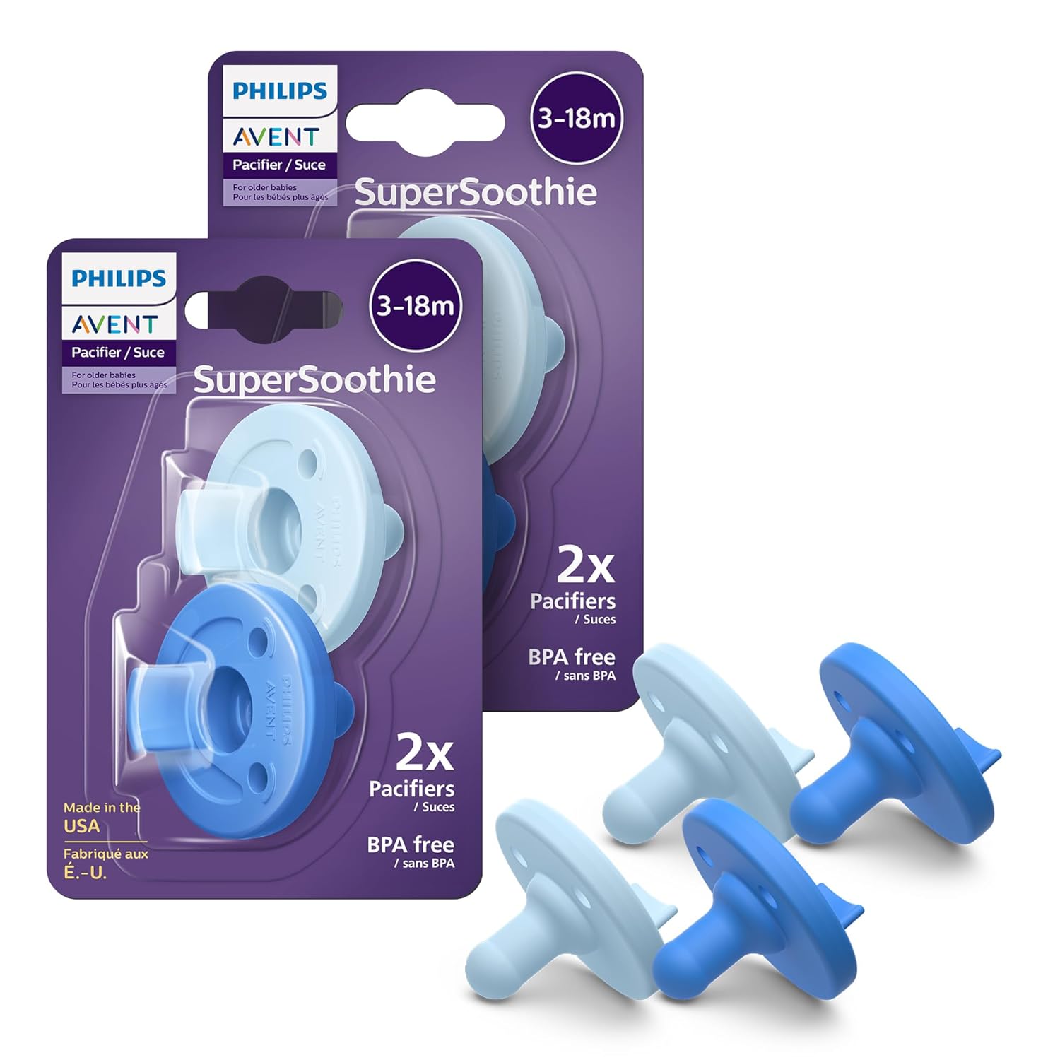 Philips Avent Soothie Orthodontic Baby Pacifiers, 100% Silicone Pacifiers, One Piece, BPA-Free, for Babies 3-18 Months, 2 Sky Blue and 2 Light Blue, 4 Pack, Model SCF192/71