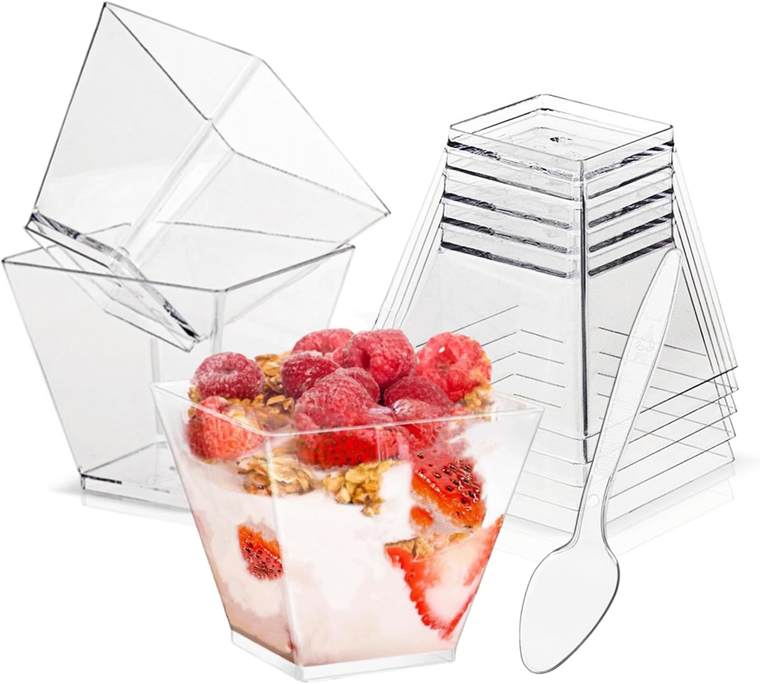 60ml Clear Dessert Cups with Spoons,50Pcs Reusable Plastic Dessert Cups,Mini Serving Bowl for Desserts Mousses,Puddings,Party 