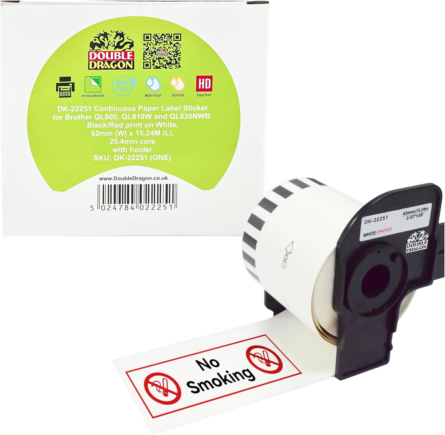 Double Dragon DK-22251 Continuous Labels Roll, 62mm(W) x 15.24m(L) | Red & Black Print on White | Compatible with Brother P-Touch QL-800, QL-810W, QL-820NWB | Comes with Holder