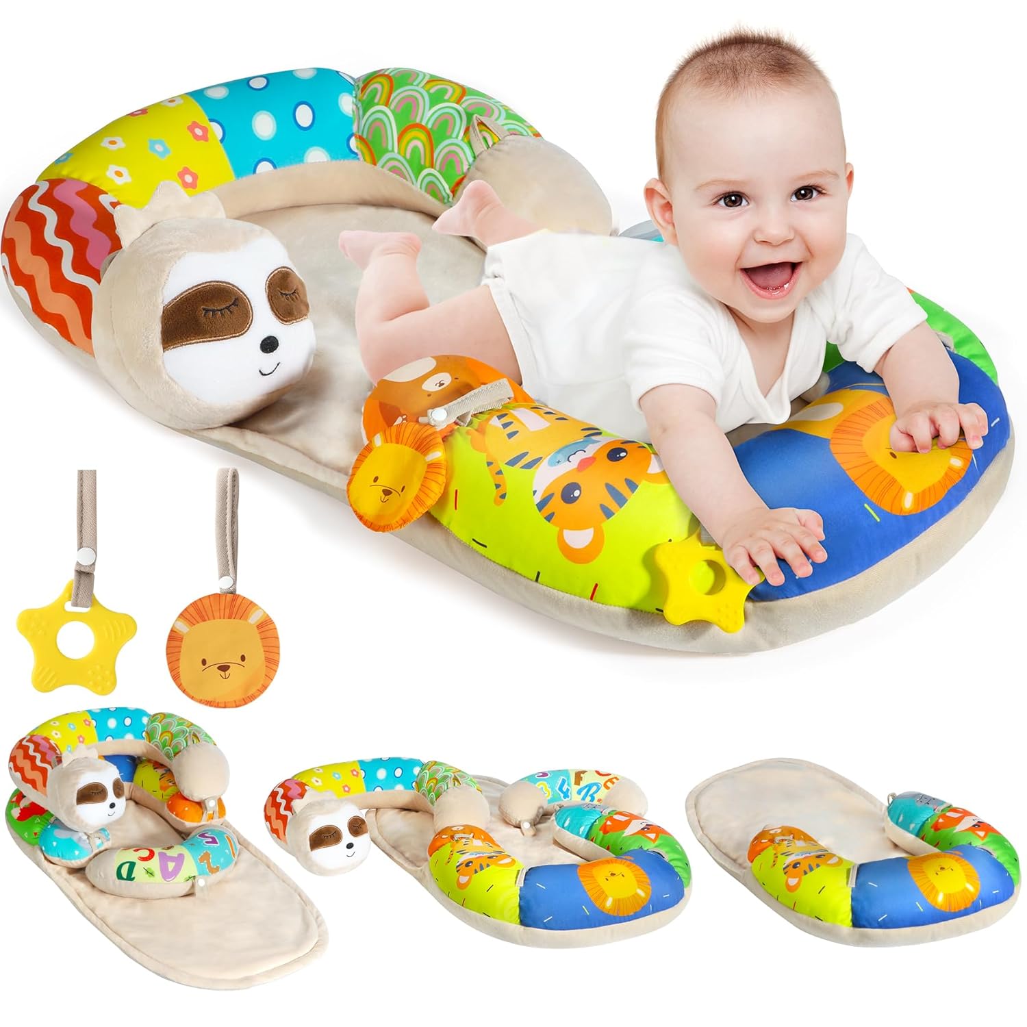 URMYWO Tummy Time Mat - 4 in 1 Cozy Tummy Time & Seated Support Pillow, Sitting Support for Newborn 0-12 Months, Infant Baby Sit Me Up Floor Seat Early Sensory Development Gifts Tummy Time Play Toys