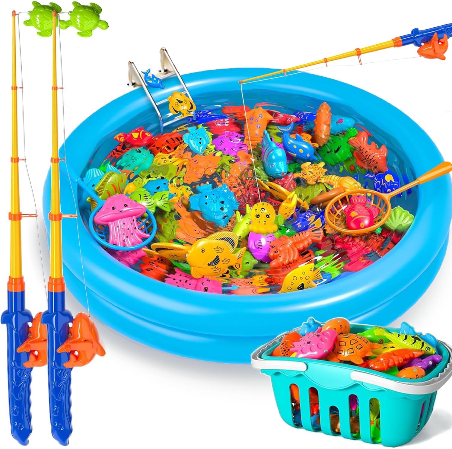 Doloowee Magnetic Fishing Game Bath Pool Toys for Toddlers 3-5,48pcs Fishing Toys Game Floating Fish Magnet Pole Rod Net Education Teaching and Learning for Kids Age 3-6 4-8