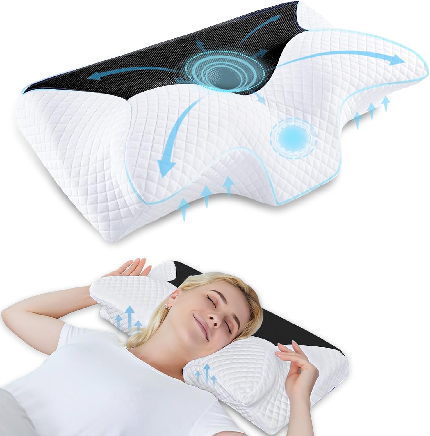 HOMCA Ergonomic Cervical Pillow Memory Shape Pillow, Orthopedic Neck Support Pillow, Washable Cover, Black