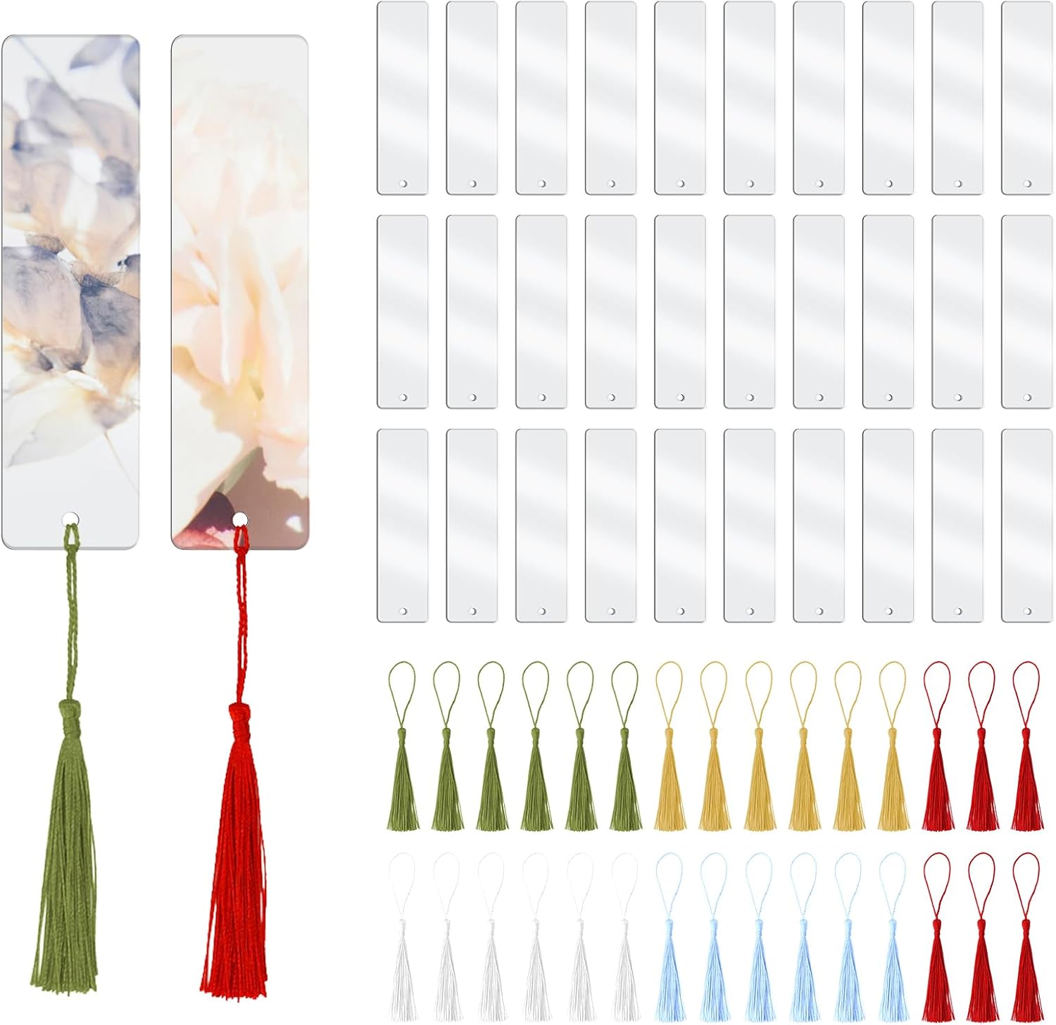30 PCS Acrylic Bookmark Blanks, Clear Acrylic DIY Blank Bookmarks with 30 Multi-Color Bookmark Tassels for DIY and Graduation Gift Tag Decoration