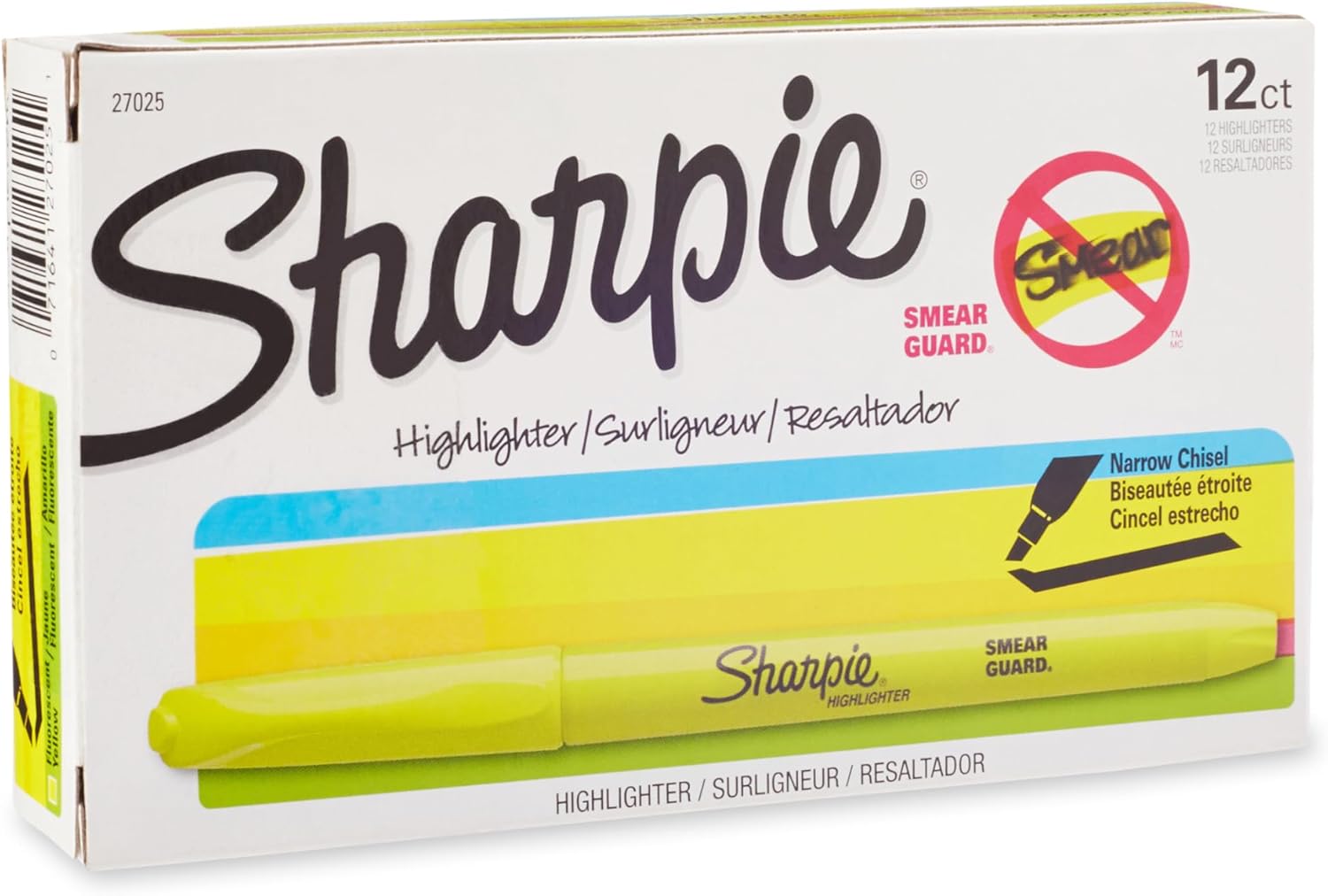 Sharpie Pocket Style Highlighters, Chisel Tip, Fluorescent Yellow, Box of 12
