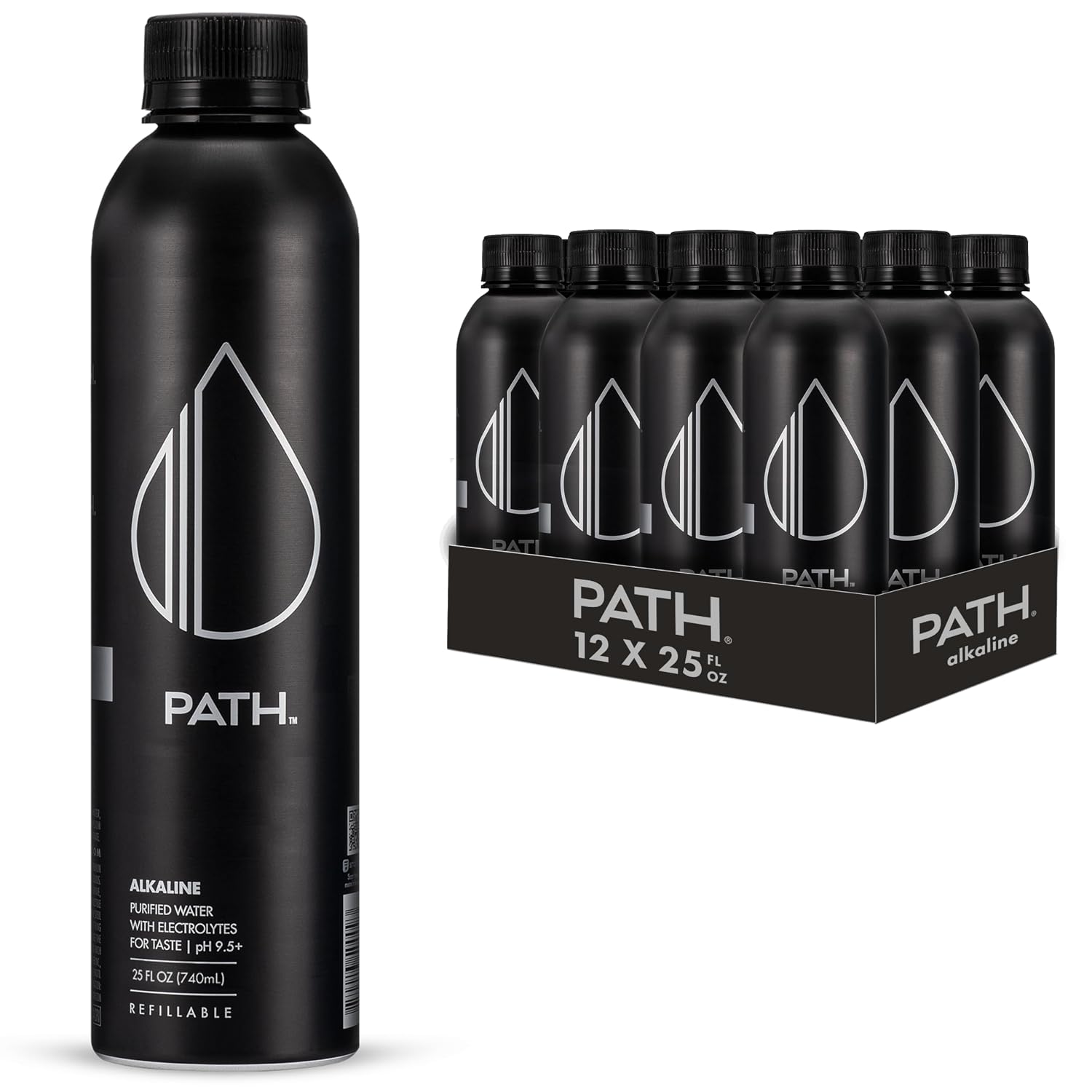 PATH Alkaline Bottled Water - 9.5 pH-Balanced Purified Water with Electrolytes in Aluminum Bottle - BPA-Free, Reusable, Infinitely Recyclable - Pure, Crisp, Refreshing Taste 25 fl oz (Pack of 12)