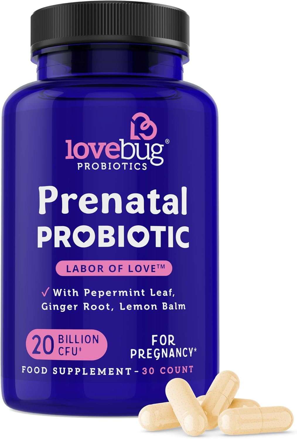 Lovebug Prenatal Probiotic | Helps with Morning Sickness, Nausea, Heartburn & Digestion | Helps Baby Microbiome | Multi Strain 20 Billion CFU | 30 Capsules