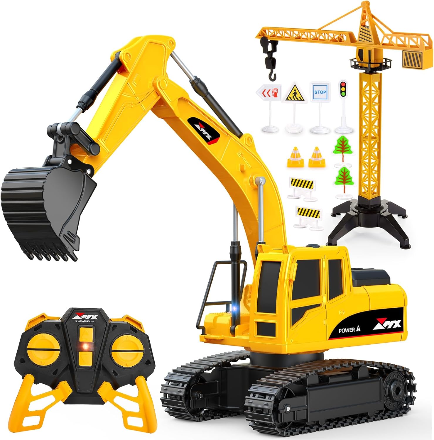 HappyGoLucky Remote Control Digger Toys for 3-12 Year Old Boys Gifts, Kids Outdoor Boys Toys age 3-8 Birthday Gifts, 2.4Ghz RC Excavator Construction Toy Car with Road Barrier Accessory Lights Truck
