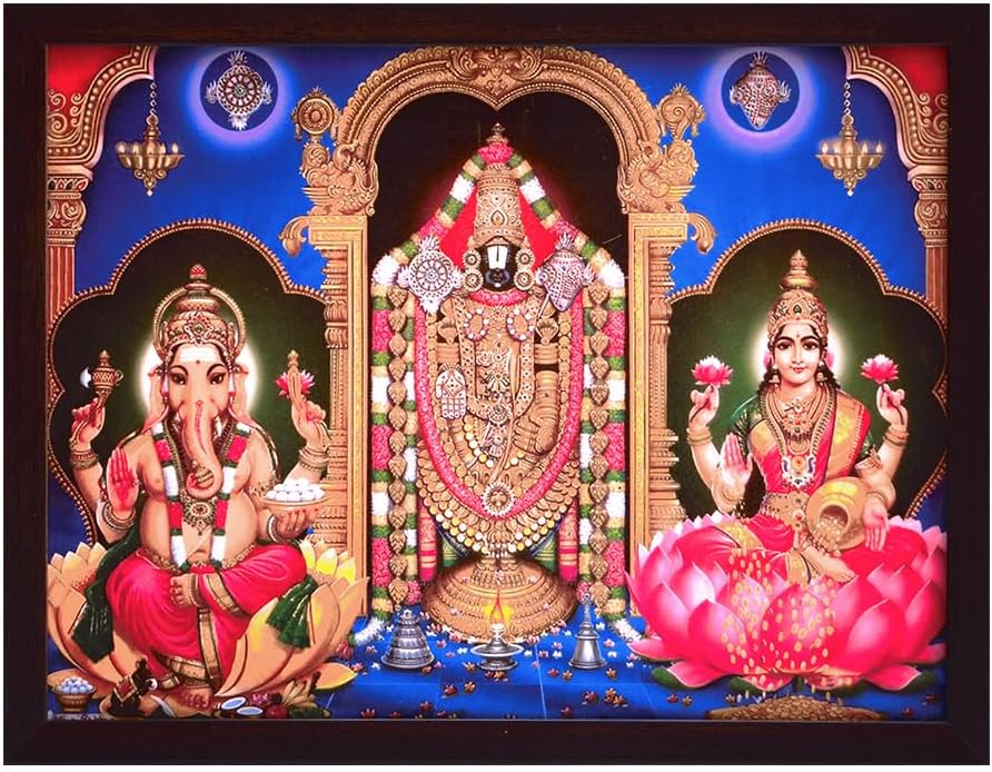 Lord Venkateswara (Balaji), an incarnation of Lord Vishnu, alongside Lord Ganesha and Goddess Lakshmi poster print with frame for Gift and Decor purpose