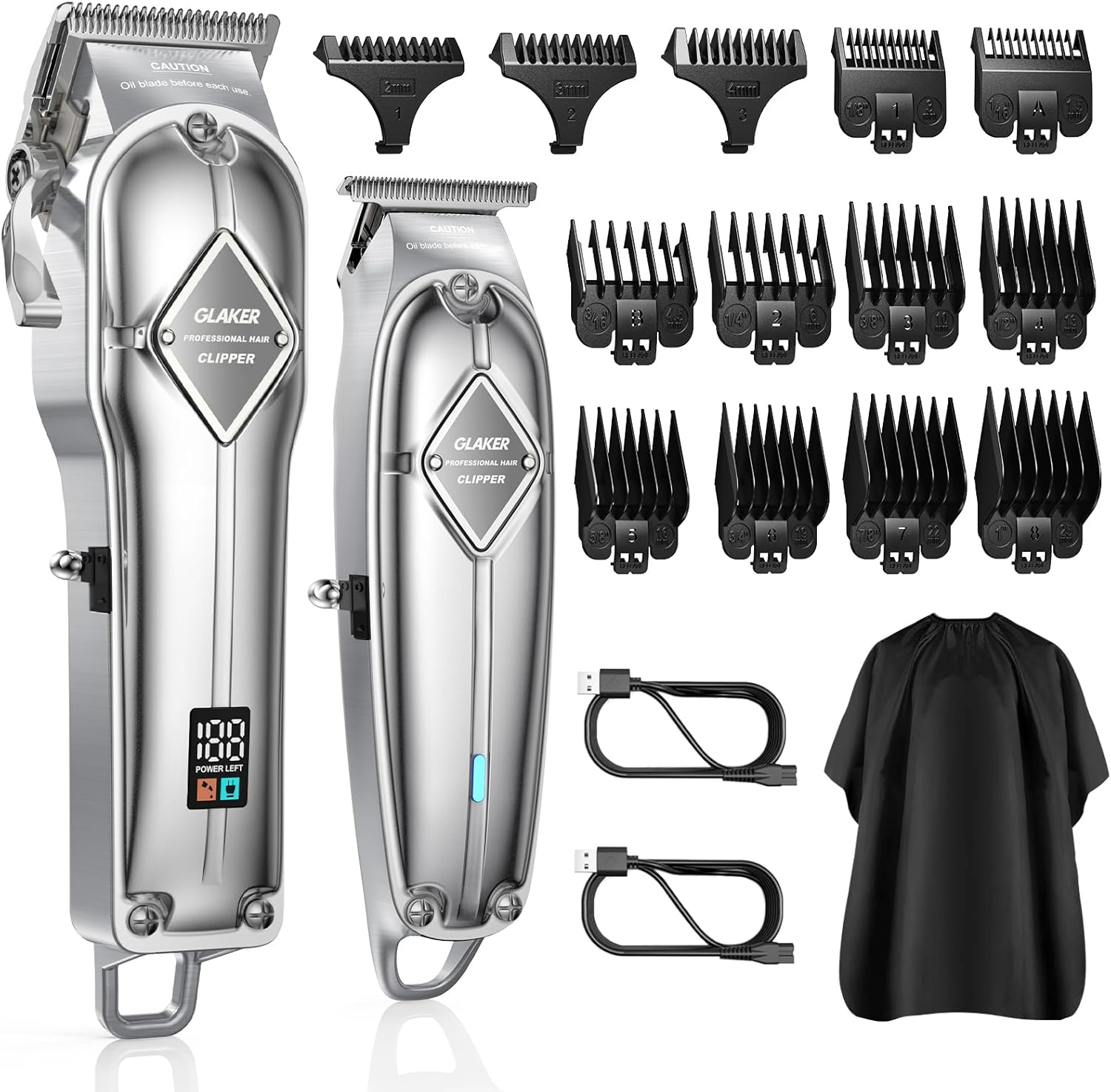 GLAKER Hair Clippers for Men Professional - Cordless Clippers and Trimmers Set, Complete Barber Kit for Hair Trimming & Beard Grooming, Mens Haircutting Kits for Blending & Fade Cuts (Silver)