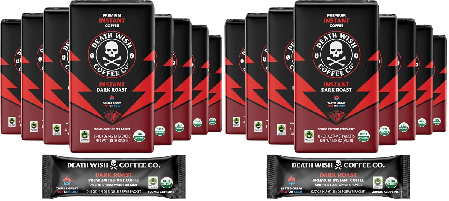 Death Wish Coffee Instant Dark Roast Coffee Packets, Bold & Intense Blend of Arabica & Robusta Beans, USDA Organic, 64 Count (Pack of 2)