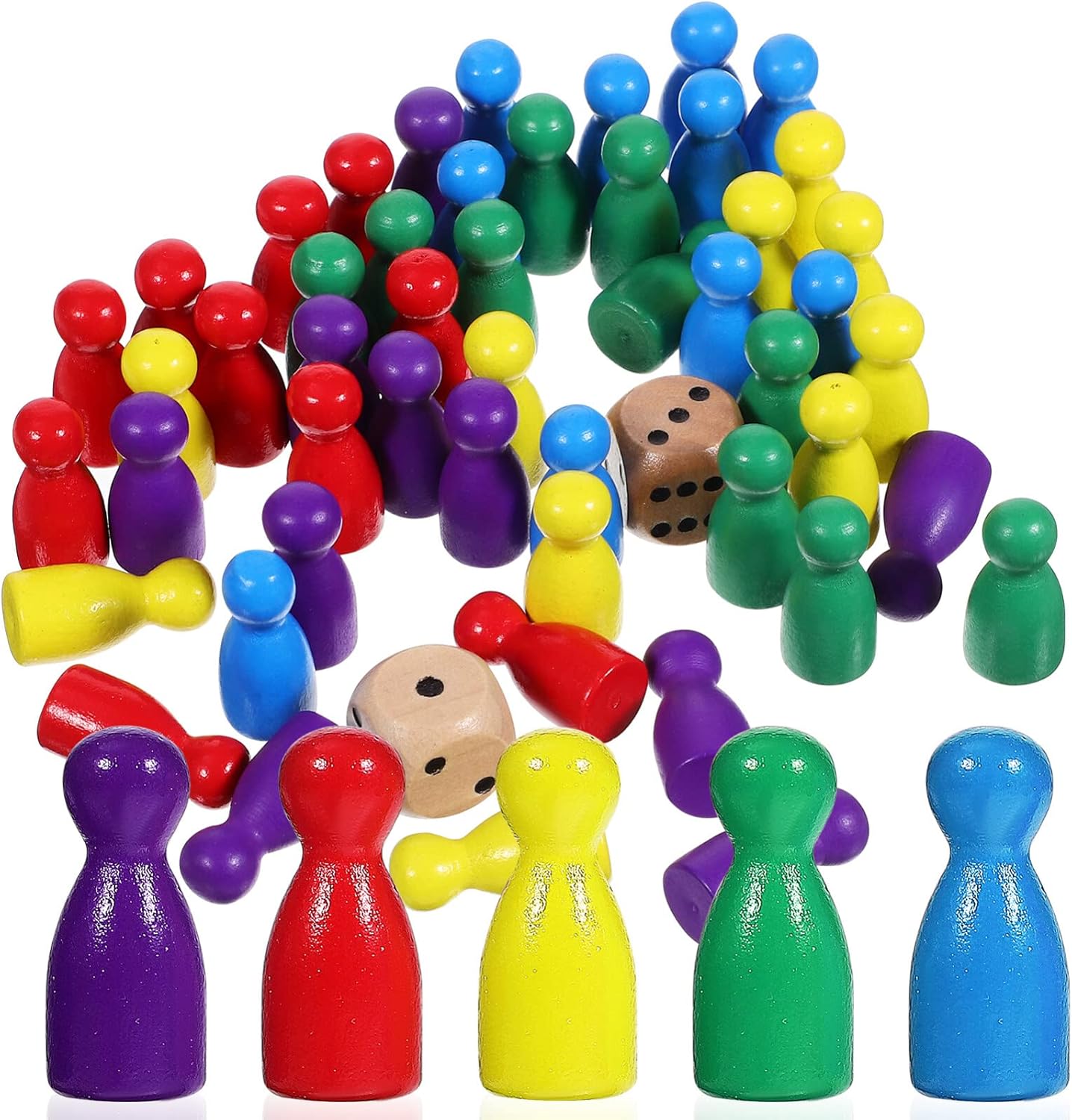 STOBOK 50Pcs Wooden Pawns Board Game Counters, Multicolor Wooden Chess Pieces with 2 Dice, Tabletop Game Markers, Chess Replacement Accessories for Tabletop Markers, Chess Pieces, Flight Chess