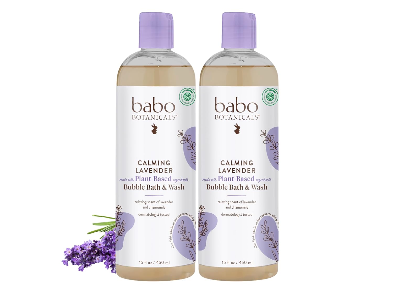 BABO Botanicals Calming Lavender 2-in-1 Bubble Bath & Wash - Relaxing Chamomile & Lavender - EWG Verified- Vegan- for All Ages- Scented with Lavender Essential Oil - 1 or 2-Pack