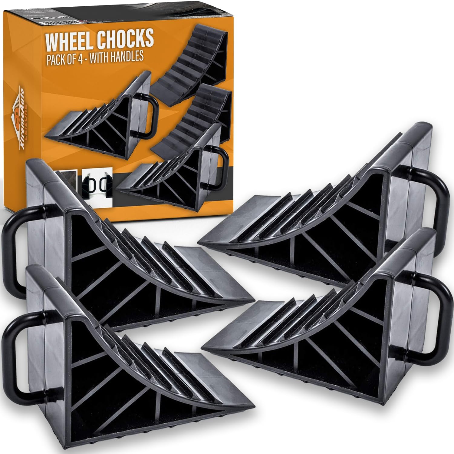 Xtremeauto Wheel Chocks with Handles – Tyre Saver Brake Stoppers Ridged Wedges for Cars, Caravans, Horseboxes, Trailers & Motorhomes (4 Pack)