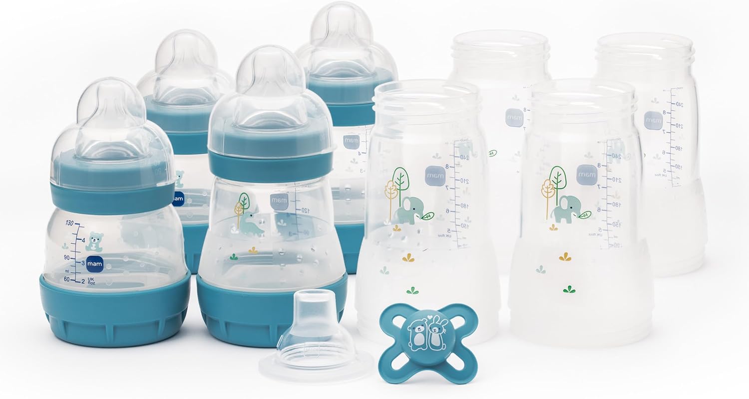 MAM Easy Start Anti-Colic Bottle Starter Set | Includes 4X Feeding Bottles and MAM Original Start 0-2 Month Soother | Self-Sterilising | Baby Gift Set of Newborn Essentials | Blue (Various Designs)