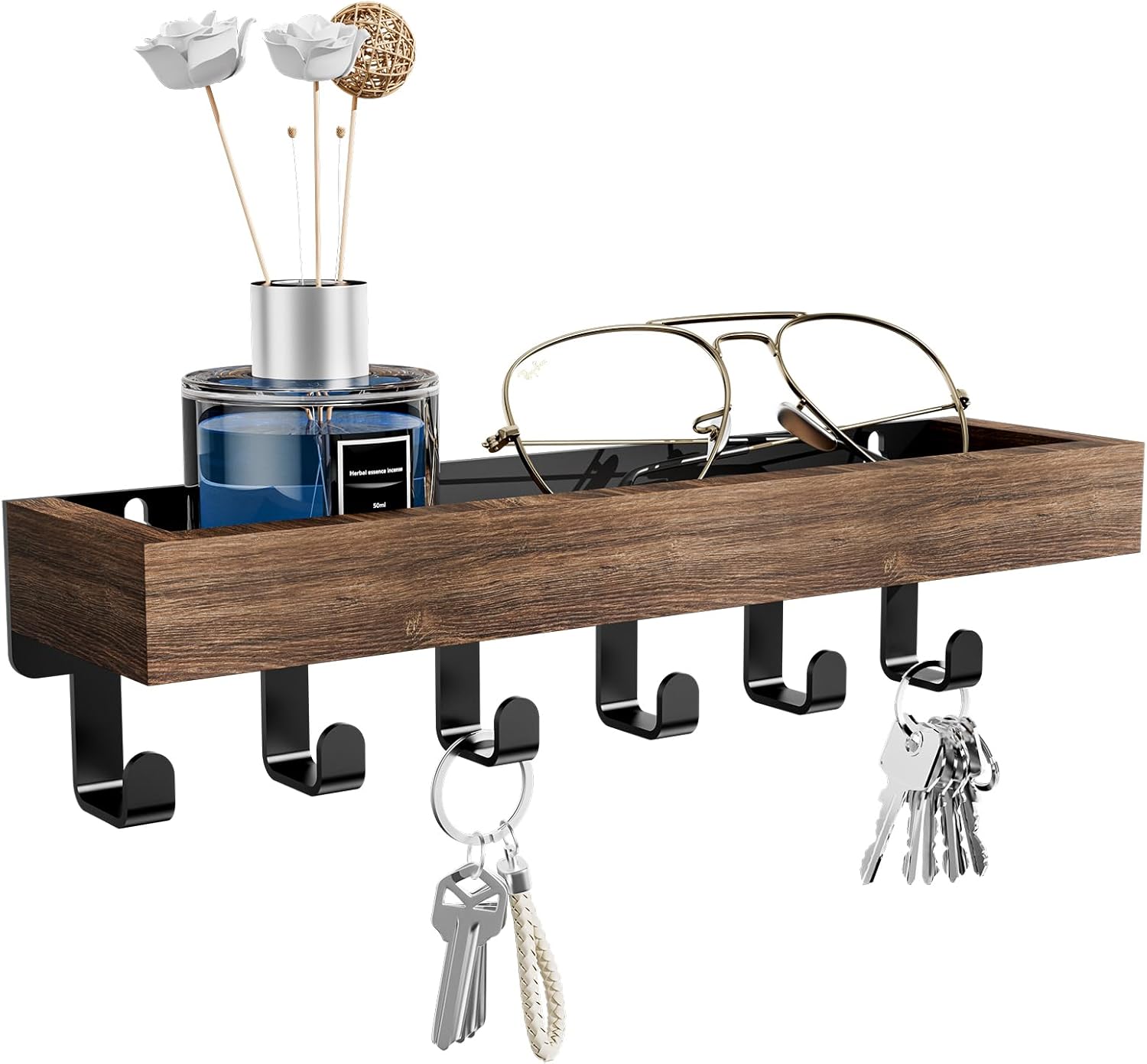 SWTYMIKI Key Holder with Wood Tray and 6 Hooks, Wall Mounted Key Racks, Key Hangers Home Decor Key Rack Mail Organizer for Hallway, Entryway, Bedroom, Mudroom, Office