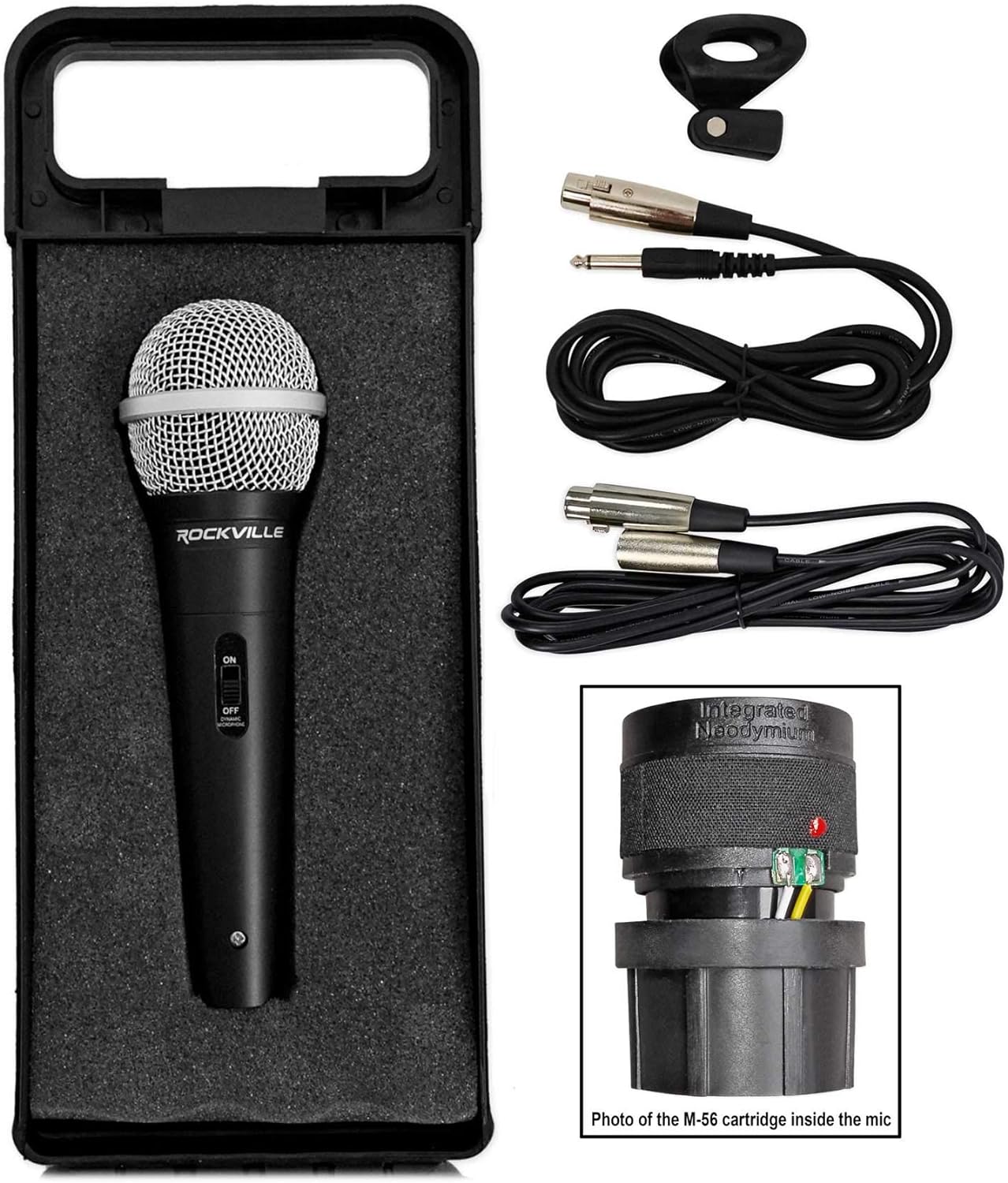 Rockville RMC-XLR Wired Dynamic Microphone, Full Metal Body, M-56 Cartridge, (2) 10 Ft OFC Cables, Mic Clip & Case, for DJs, Karaoke, and Live Performances