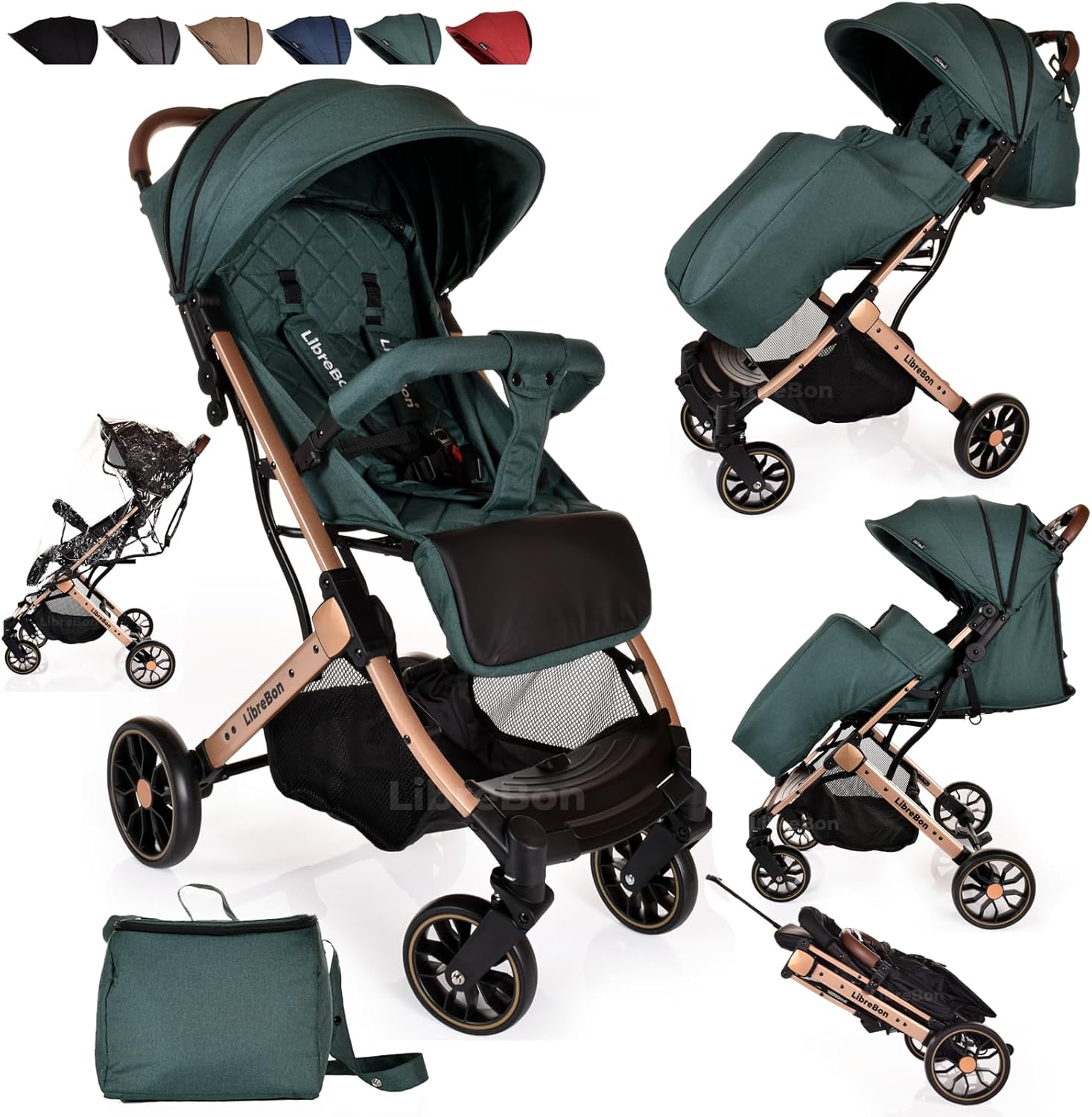 Lightweight Stroller, Baby Pushchair, Compact Travel Buggy, One Hand Foldable, Upgraded Wheels, Four Seasons Stroller, Foot Cover, Mommy Bag, Rain Cover (Green - Rose Gold Frame)